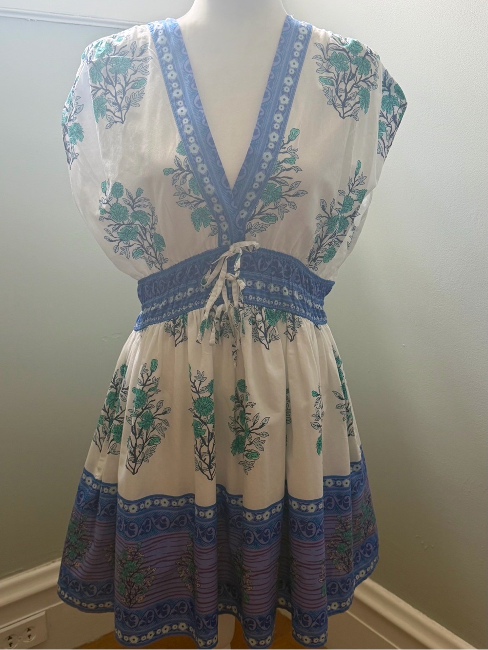 CeCe Blue White Floral Block Print Cotton Boho Dress Medium